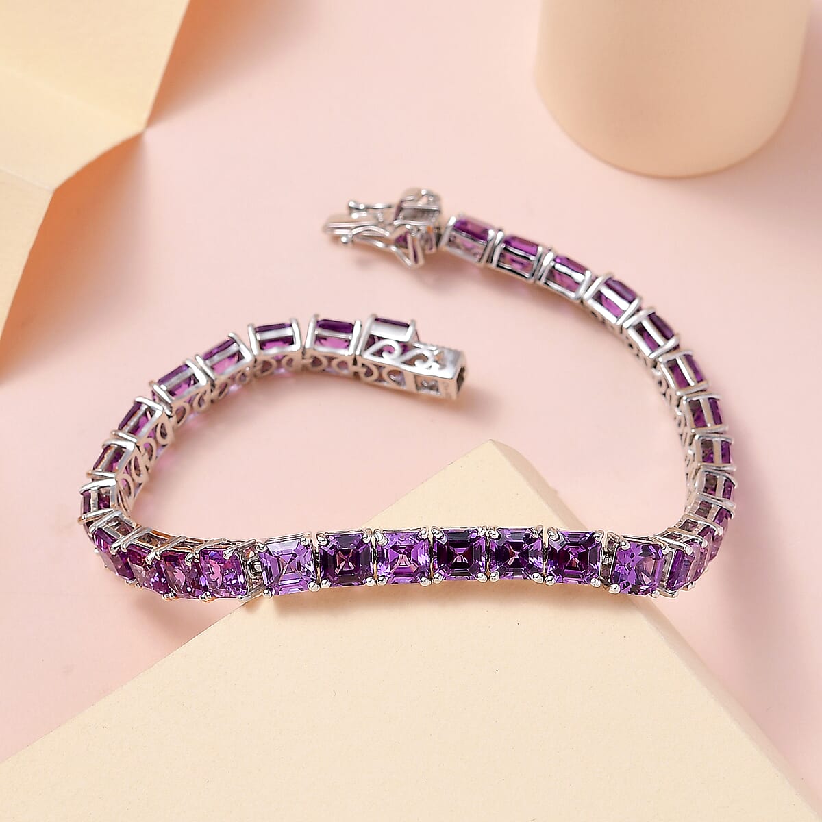 Asscher Cut Lab Grown Color Change Sapphire Tennis Bracelet in Platinum Over Sterling Silver (7.25 In) 27.90 ctw image number 1