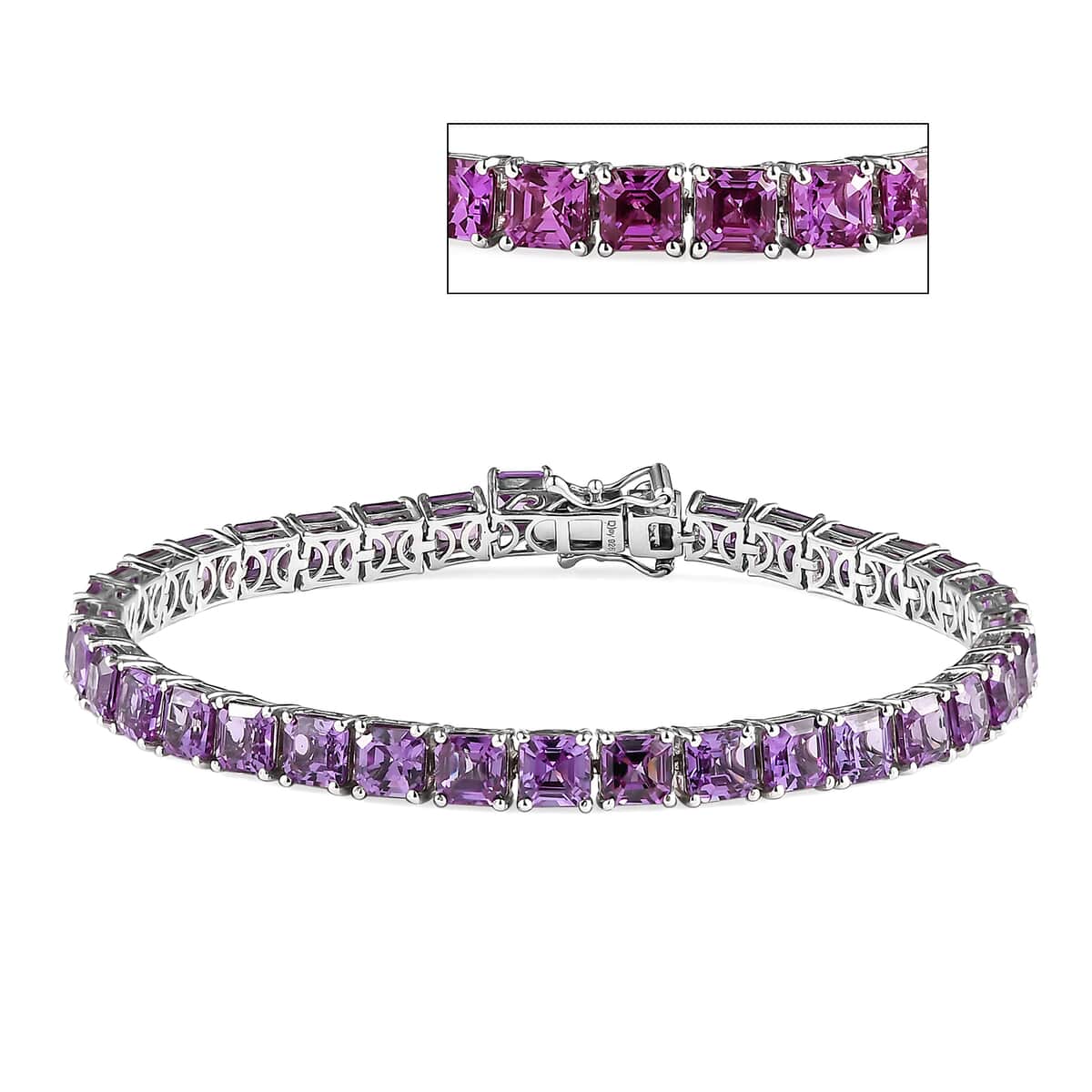 Asscher Cut Lab Grown Color Change Sapphire Tennis Bracelet in Platinum Over Sterling Silver (8.00 In) 31.50 ctw image number 0