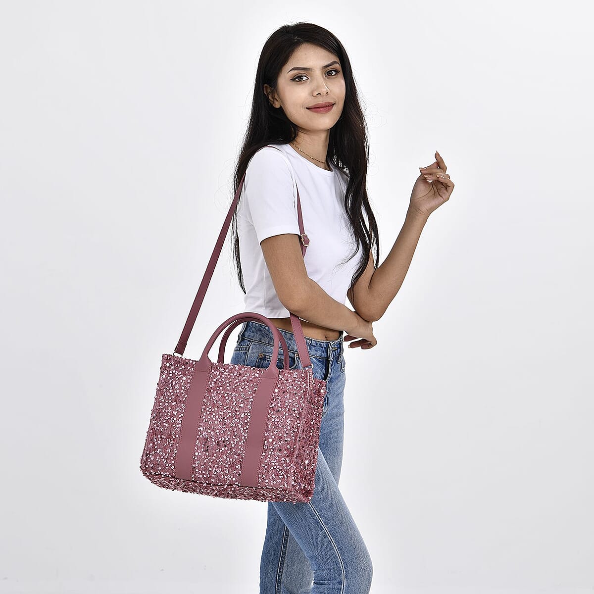 Pink Sequin Print Faux Leather Crossbody Bag with Handle Drop and Shoulder Strap image number 1