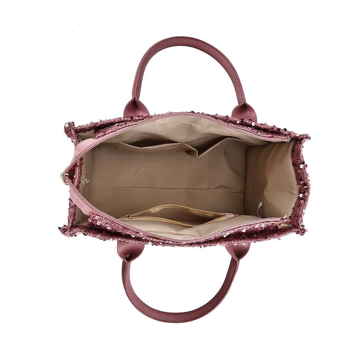 Pink Sequin Print Faux Leather Crossbody Bag with Handle Drop and Shoulder Strap image number 4