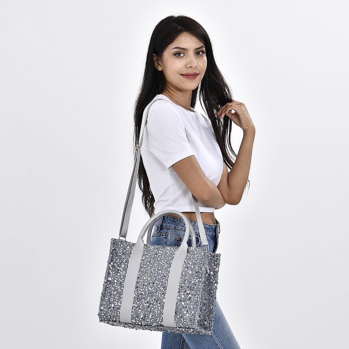 Silver Sequin Print Faux Leather Crossbody Bag with Handle Drop and Shoulder Strap image number 1