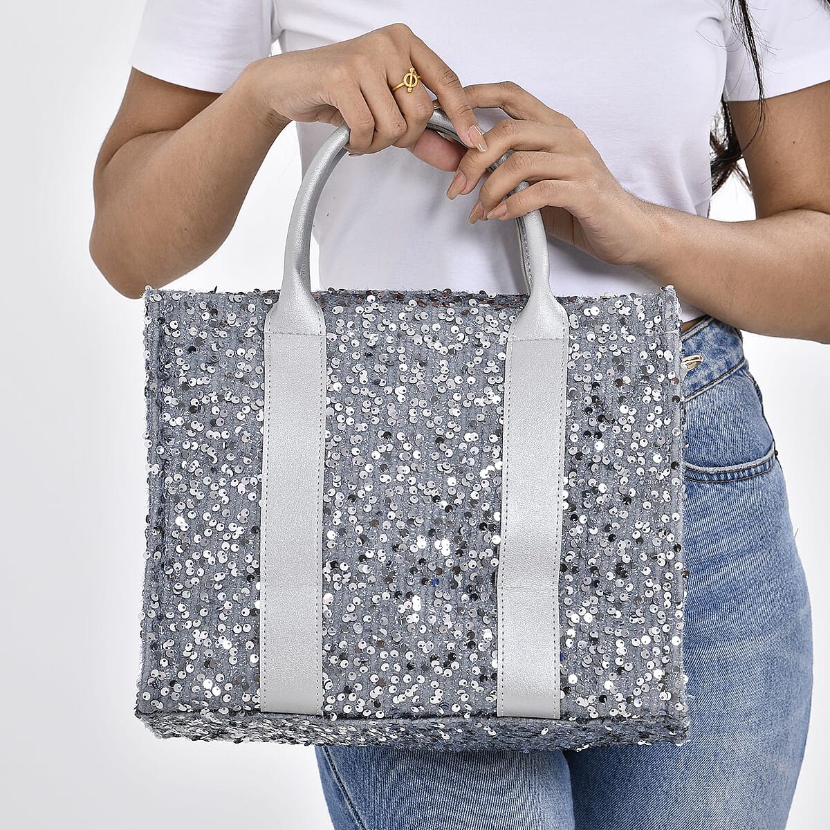 Silver Sequin Print Faux Leather Crossbody Bag with Handle Drop and Shoulder Strap image number 2