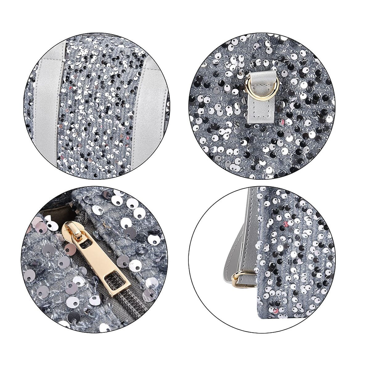 Silver Sequin Print Faux Leather Crossbody Bag with Handle Drop and Shoulder Strap image number 5