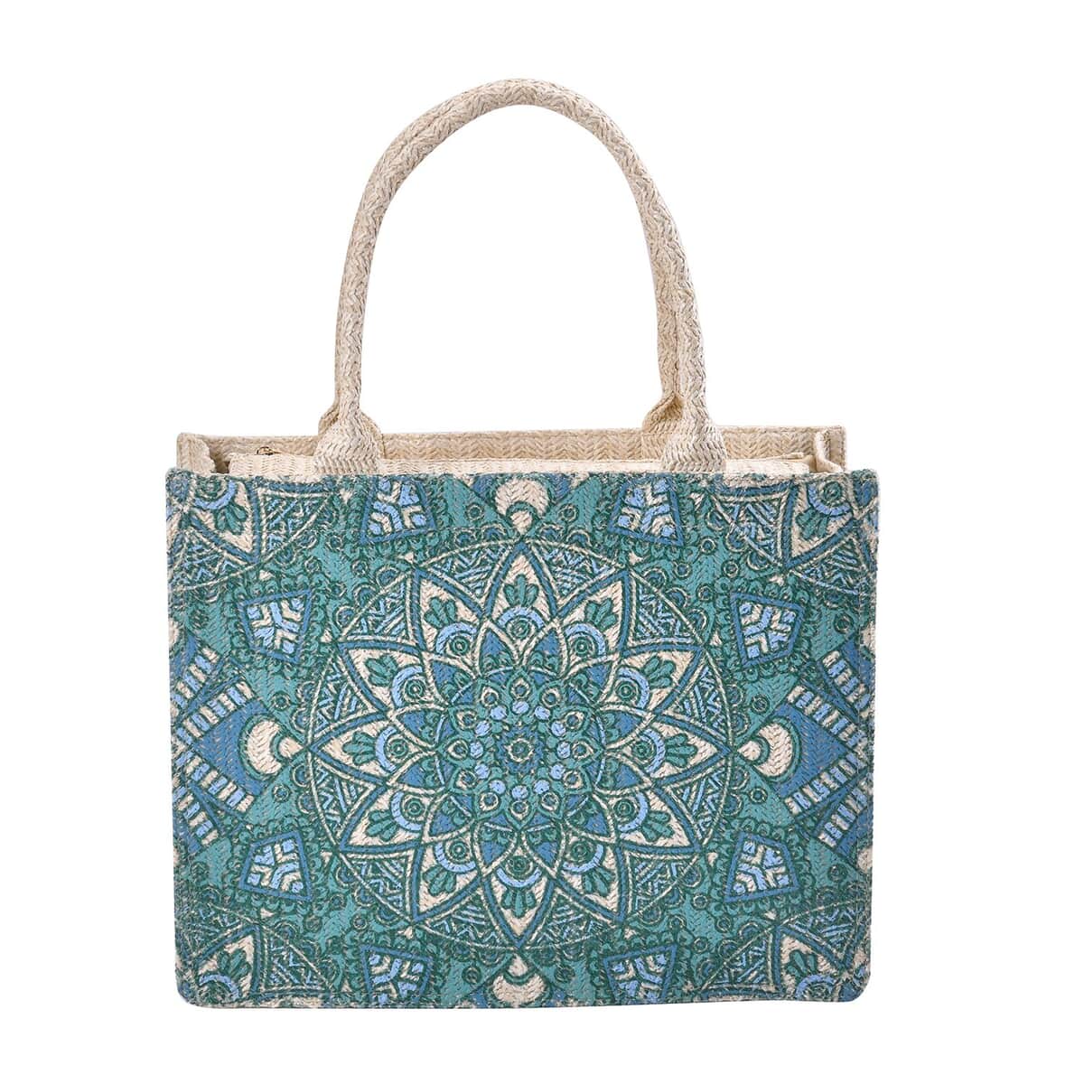 Beige and Turquoise Color Tote Bag with Handle Drop image number 0