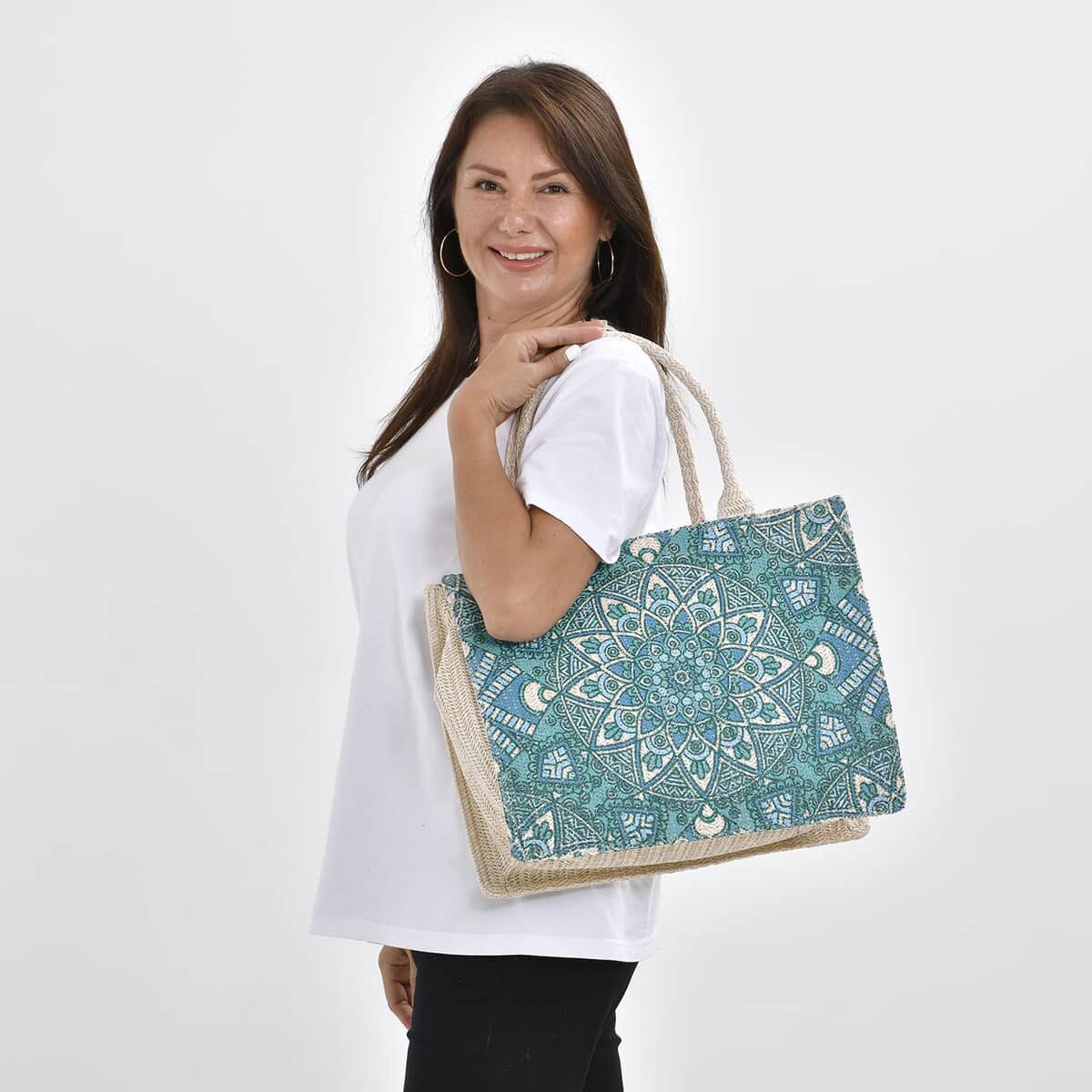 Beige and Turquoise Color Tote Bag with Handle Drop image number 1