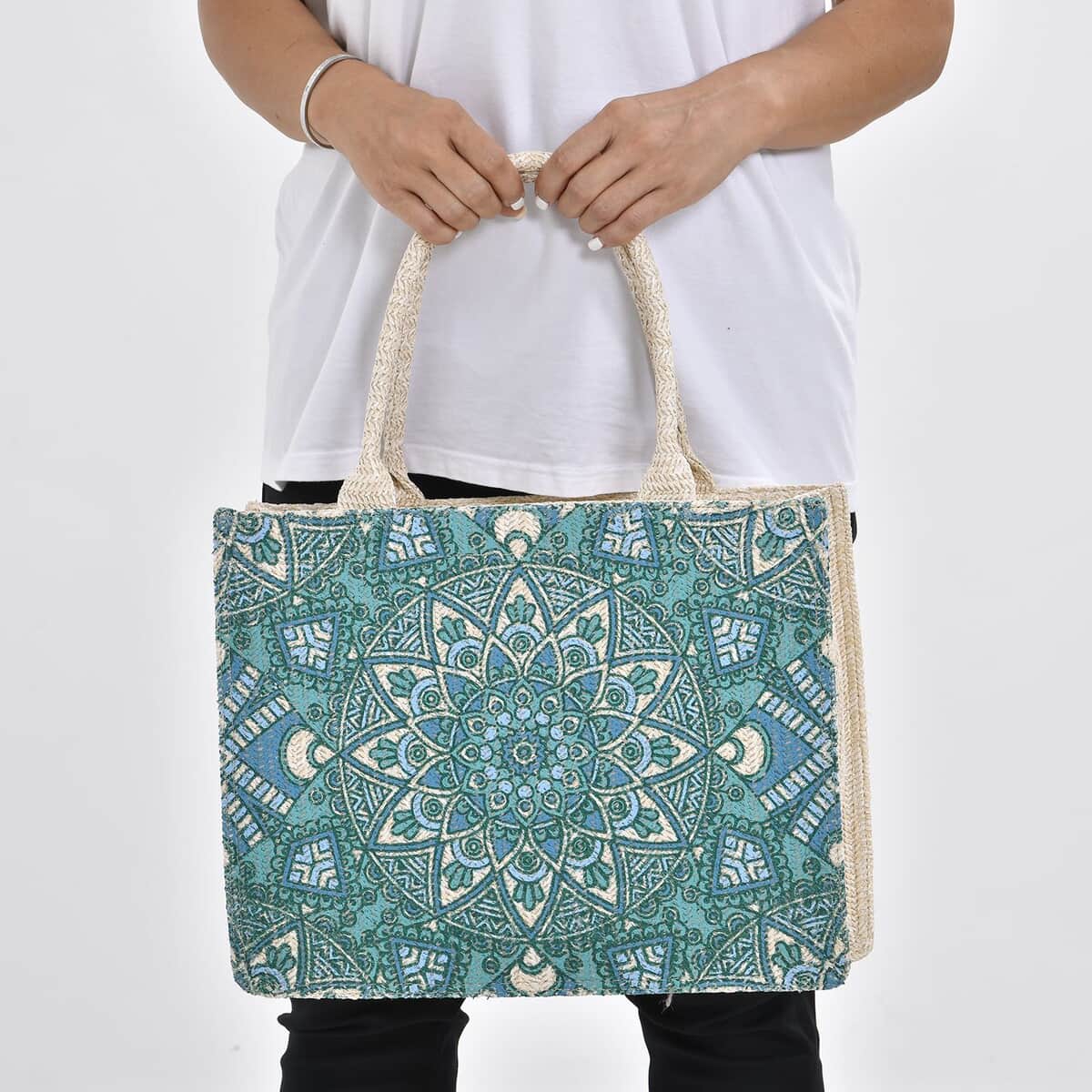 Beige and Turquoise Color Tote Bag with Handle Drop image number 2