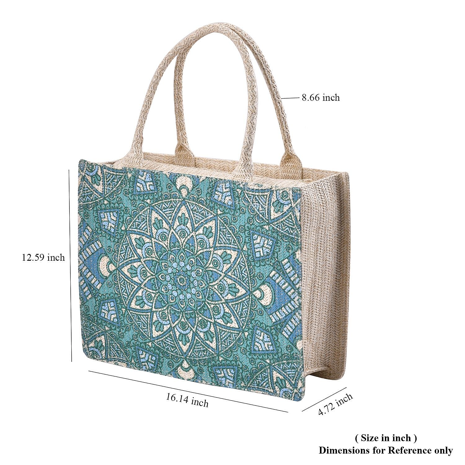 Beige and Turquoise Color Tote Bag with Handle Drop