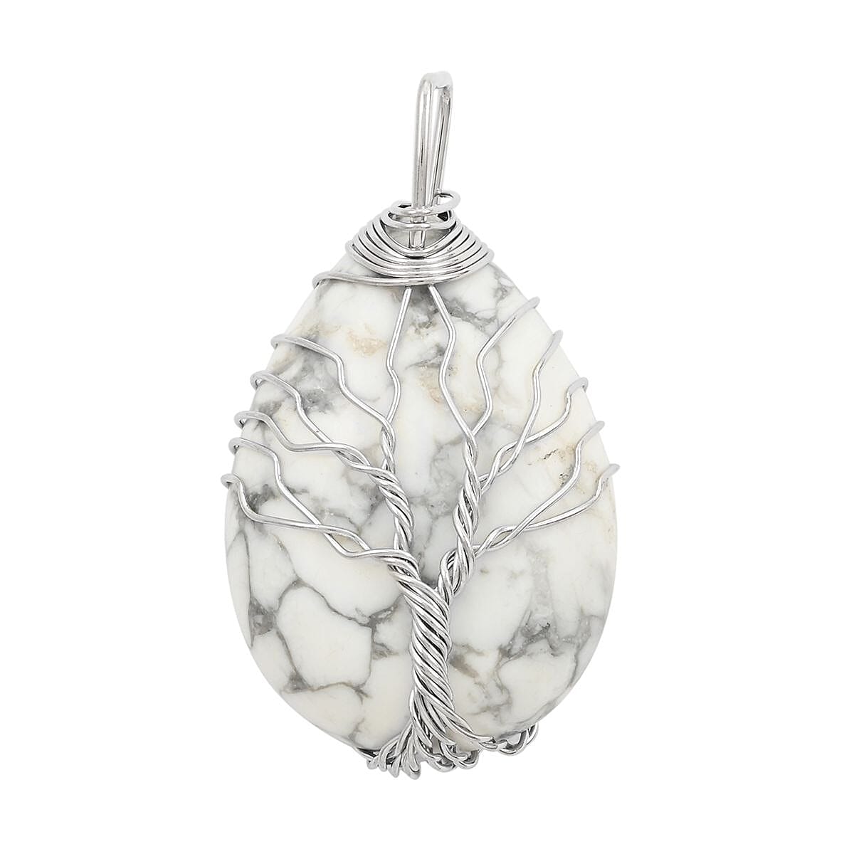 White Howlite Teardrop with Tree Wired Pendant in Silvertone 32.50 ctw