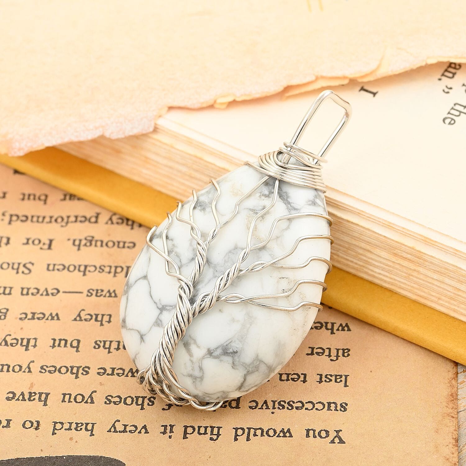 White Howlite Teardrop with Tree Wired Pendant in Silvertone 32.50 ctw