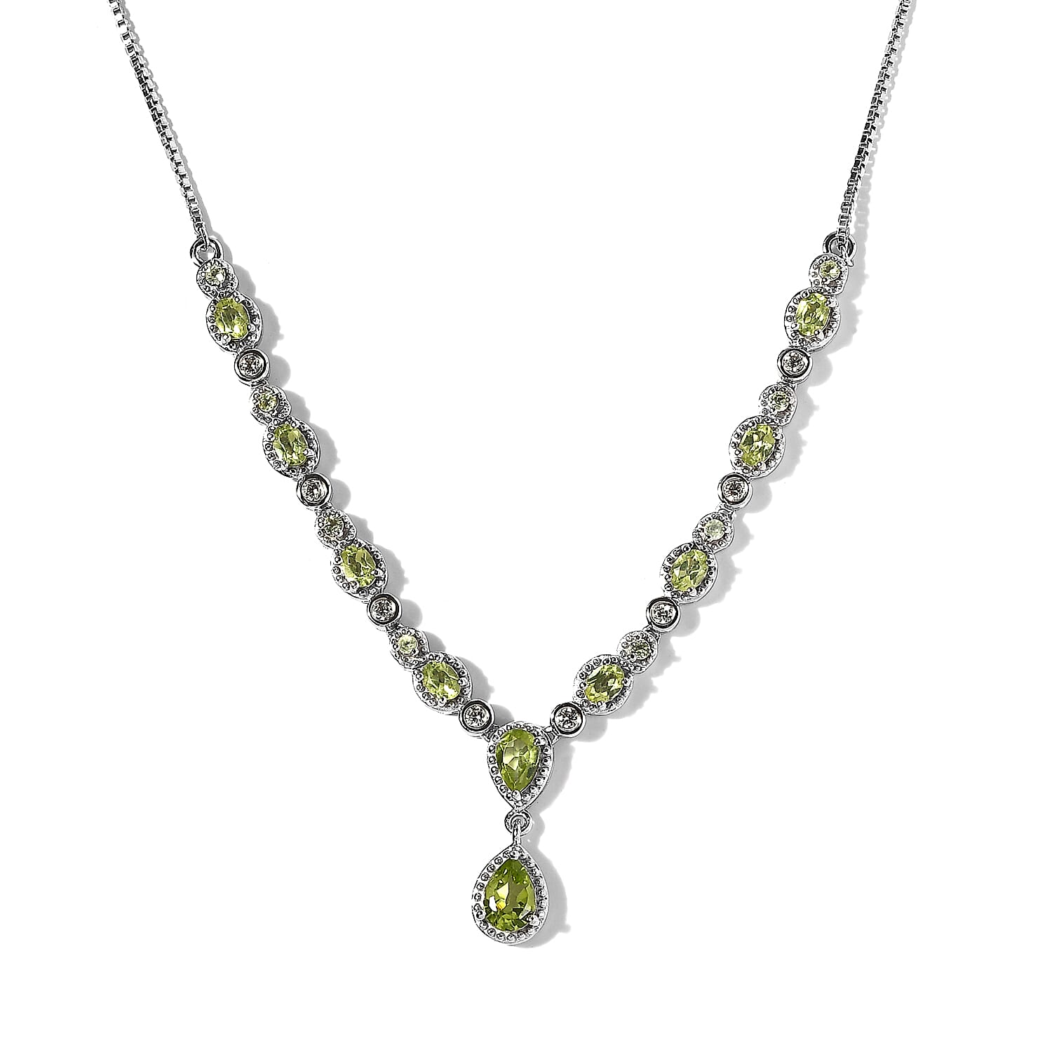 Premium Hebei Peridot and White Zircon 3.20 ctw Necklace in Rhodium Over Sterling Silver 19 Inches