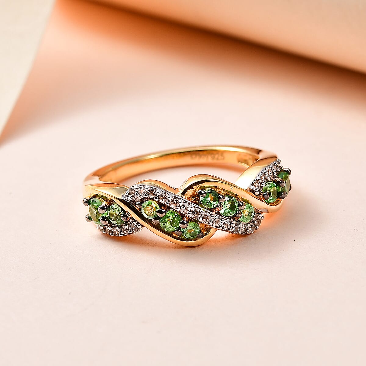 Premium Tsavorite Garnet and White Zircon Band Ring in Vermeil Yellow Gold Over Sterling Silver 0.75 ctw image number 1