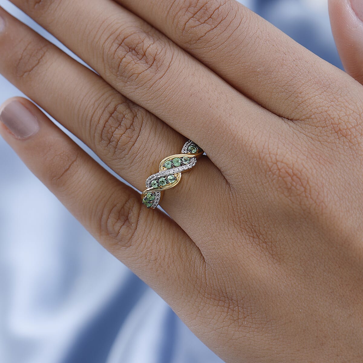 Premium Tsavorite Garnet and White Zircon Band Ring in Vermeil Yellow Gold Over Sterling Silver 0.75 ctw image number 2