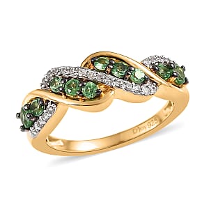 Premium Tsavorite Garnet and White Zircon Band Ring in Vermeil Yellow Gold Over Sterling Silver (Size 5.0) 0.75 ctw