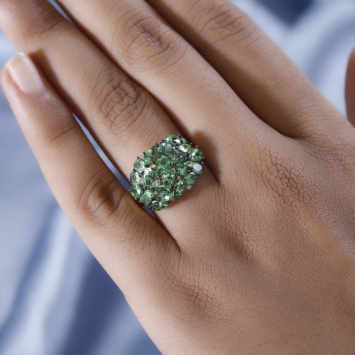 Premium Tsavorite Garnet and White Zircon Cluster Ring in Vermeil Yellow Gold Over Sterling Silver 4.15 ctw image number 2