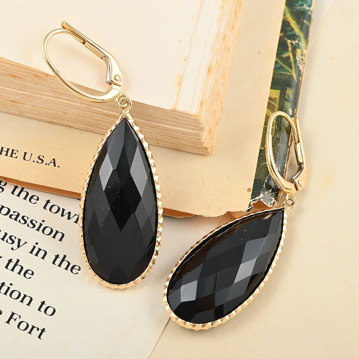 14K Yellow Gold Black Onyx Earrings 24.50 ctw image number 1