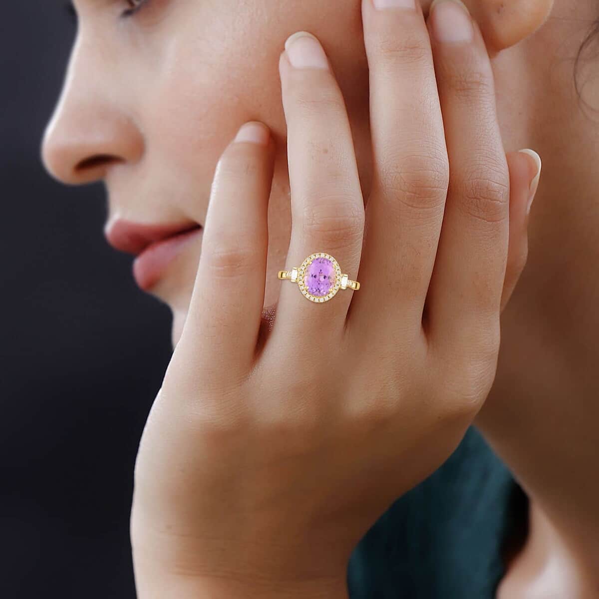 Iliana 18K Yellow Gold AAAA Patroke Kunzite and G-H SI Diamond Halo Ring 3.80 ctw (Del. 15-20 Days) image number 1