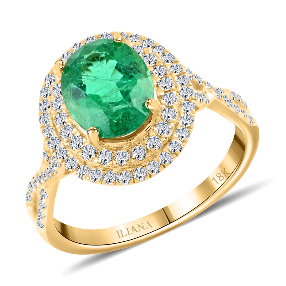 Certified & Appraised Iliana 18K Yellow Gold AAA Kagem Zambian Emerald and G-H SI Diamond Double Halo Ring (Size 10.0) 2.30 ctw image number 0