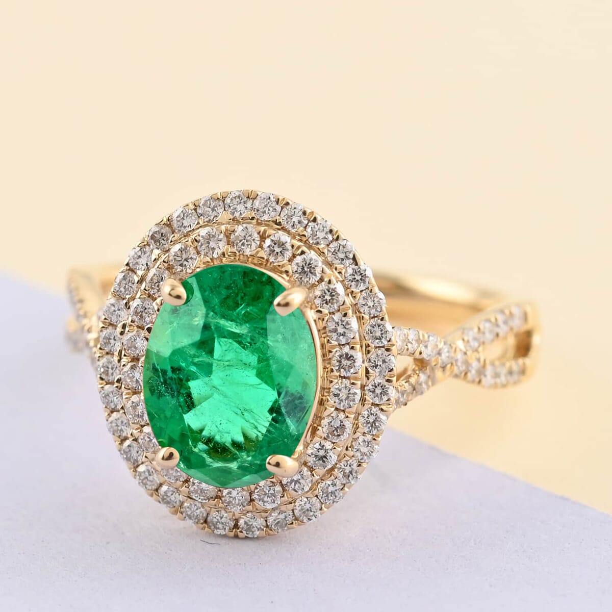Certified & Appraised Iliana 18K Yellow Gold AAA Kagem Zambian Emerald and G-H SI Diamond Double Halo Ring (Size 10.0) 2.30 ctw image number 1