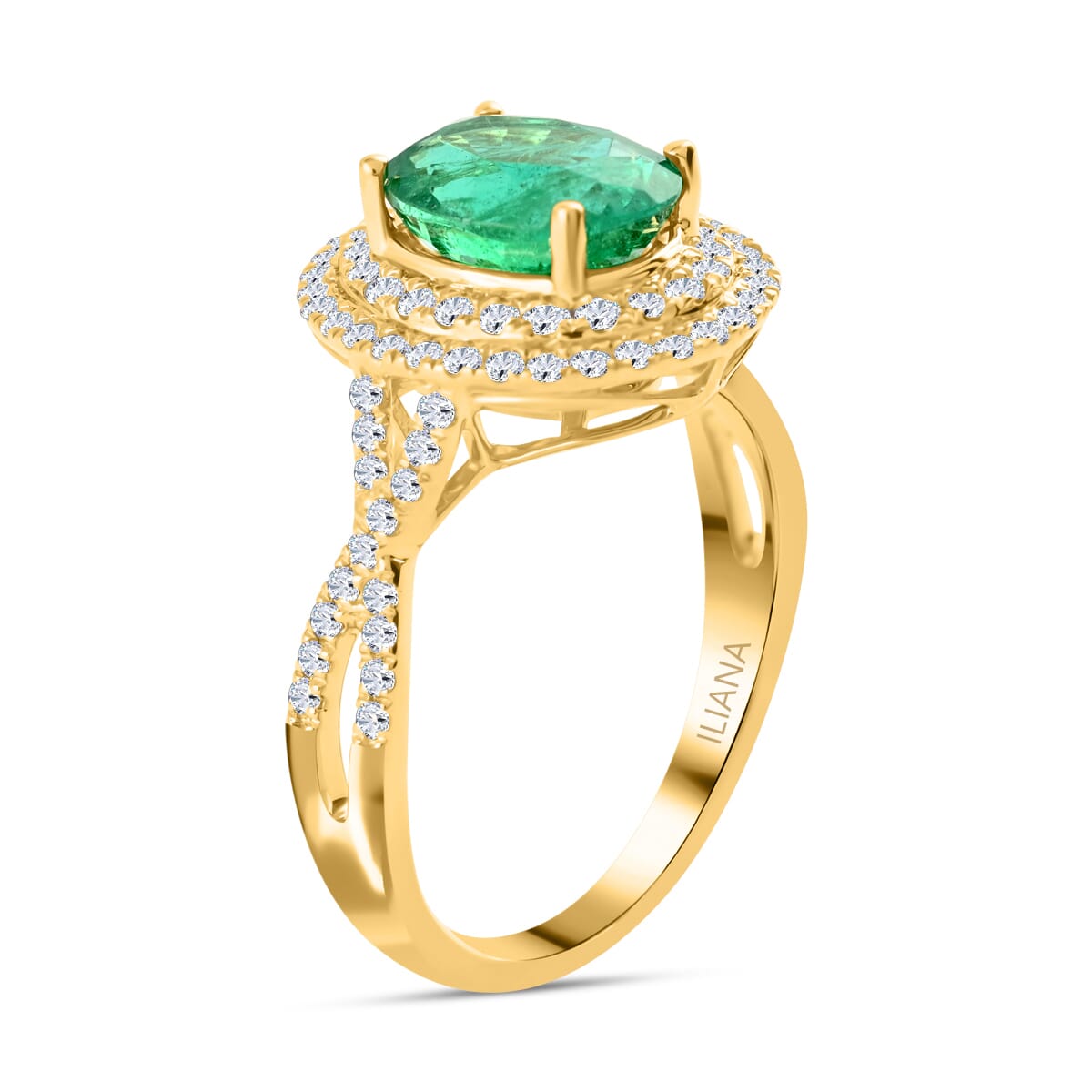 Certified & Appraised Iliana 18K Yellow Gold AAA Kagem Zambian Emerald and G-H SI Diamond Double Halo Ring (Size 10.0) 2.30 ctw image number 3