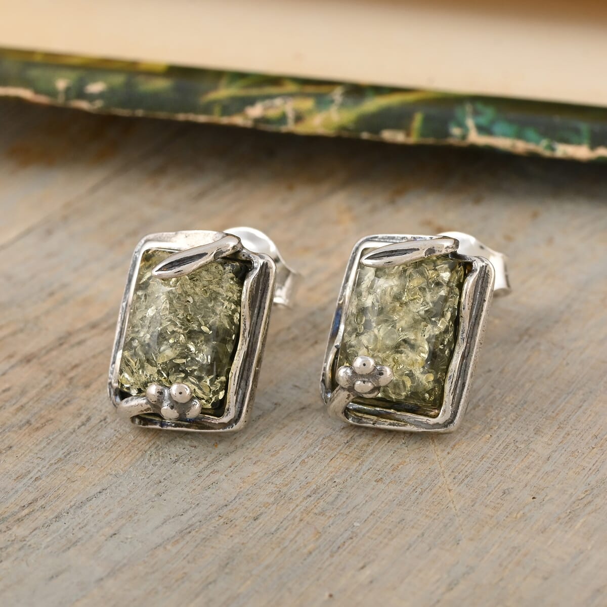 Green Amber Earrings in Sterling Silver image number 1
