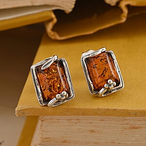 Red Amber Earrings in Sterling Silver