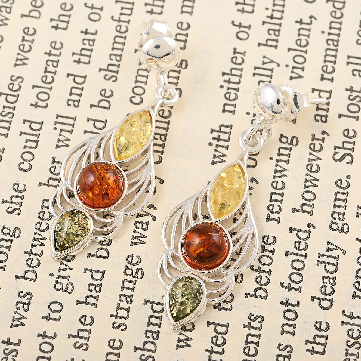 Multi Color Amber Earrings in Sterling Silver image number 1