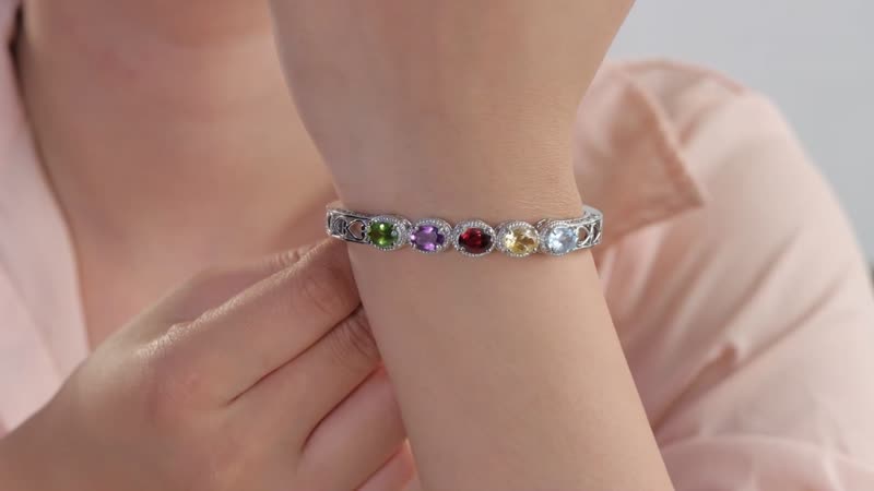 Multi Gemstone Bangle Bracelet in Stainless Steel (6.50 In) 5.75 ctw