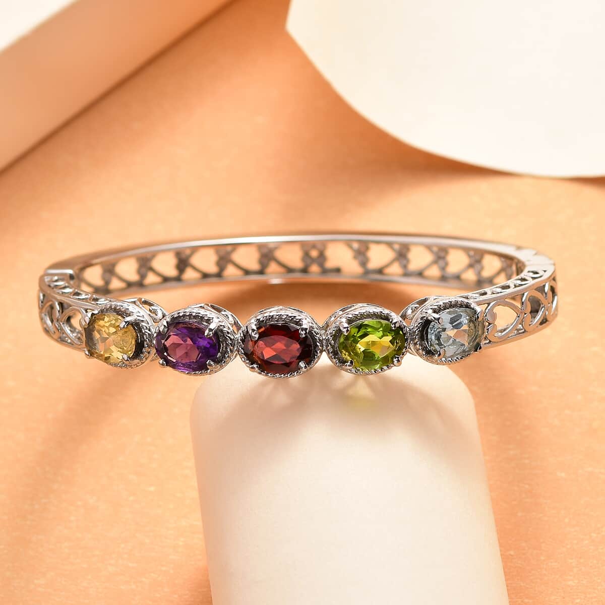 Multi Gemstone Bangle Bracelet in Stainless Steel (6.50 In) 6.90 ctw | Tarnish-Free, Waterproof, Sweat Proof Jewelry image number 1