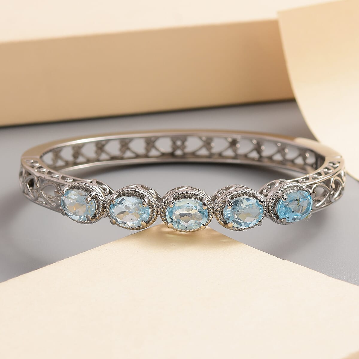 Sky Blue Topaz Bangle Bracelet in Stainless Steel (7.25 In) 7.25 ctw , Tarnish-Free, Waterproof, Sweat Proof Jewelry image number 1