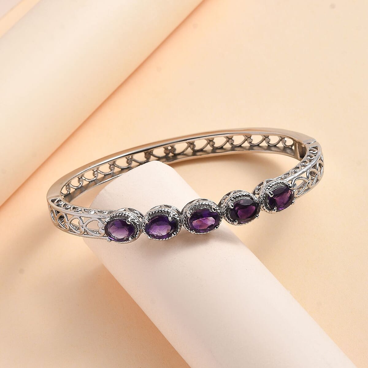 Amethyst Bangle Bracelet in Stainless Steel (6.50 In) 5.40 ctw | Tarnish-Free, Waterproof, Sweat Proof Jewelry image number 1