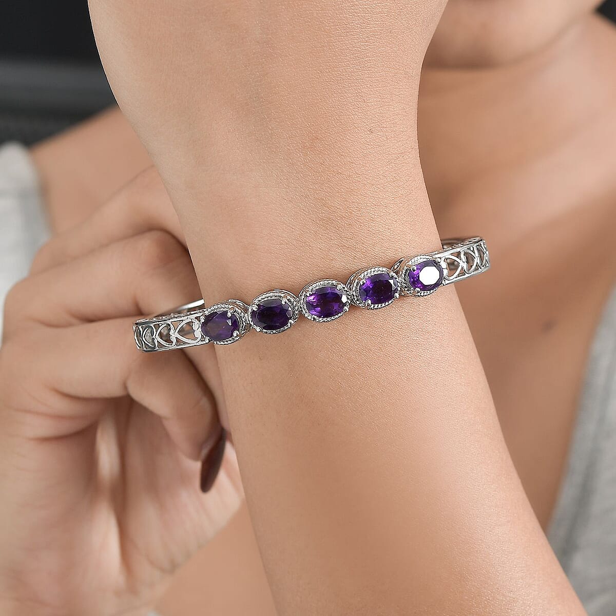 Amethyst Bangle Bracelet in Stainless Steel (6.50 In) 5.40 ctw | Tarnish-Free, Waterproof, Sweat Proof Jewelry image number 2