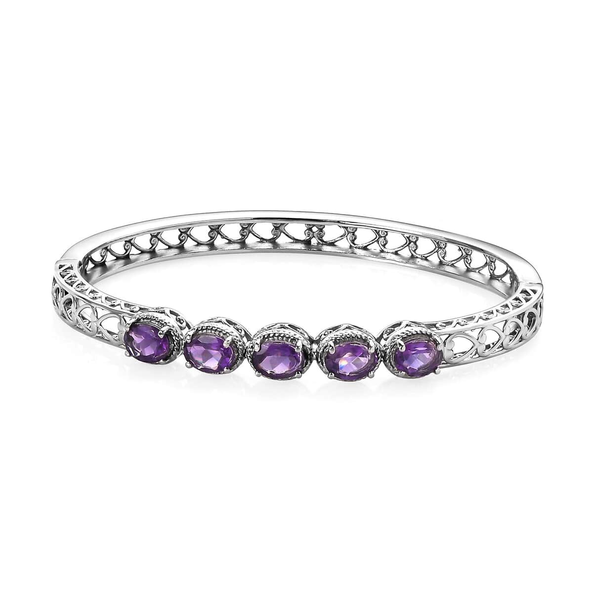 Amethyst Bangle Bracelet in Stainless Steel (8.00 In) 5.40 ctw | Tarnish-Free, Waterproof, Sweat Proof Jewelry image number 0