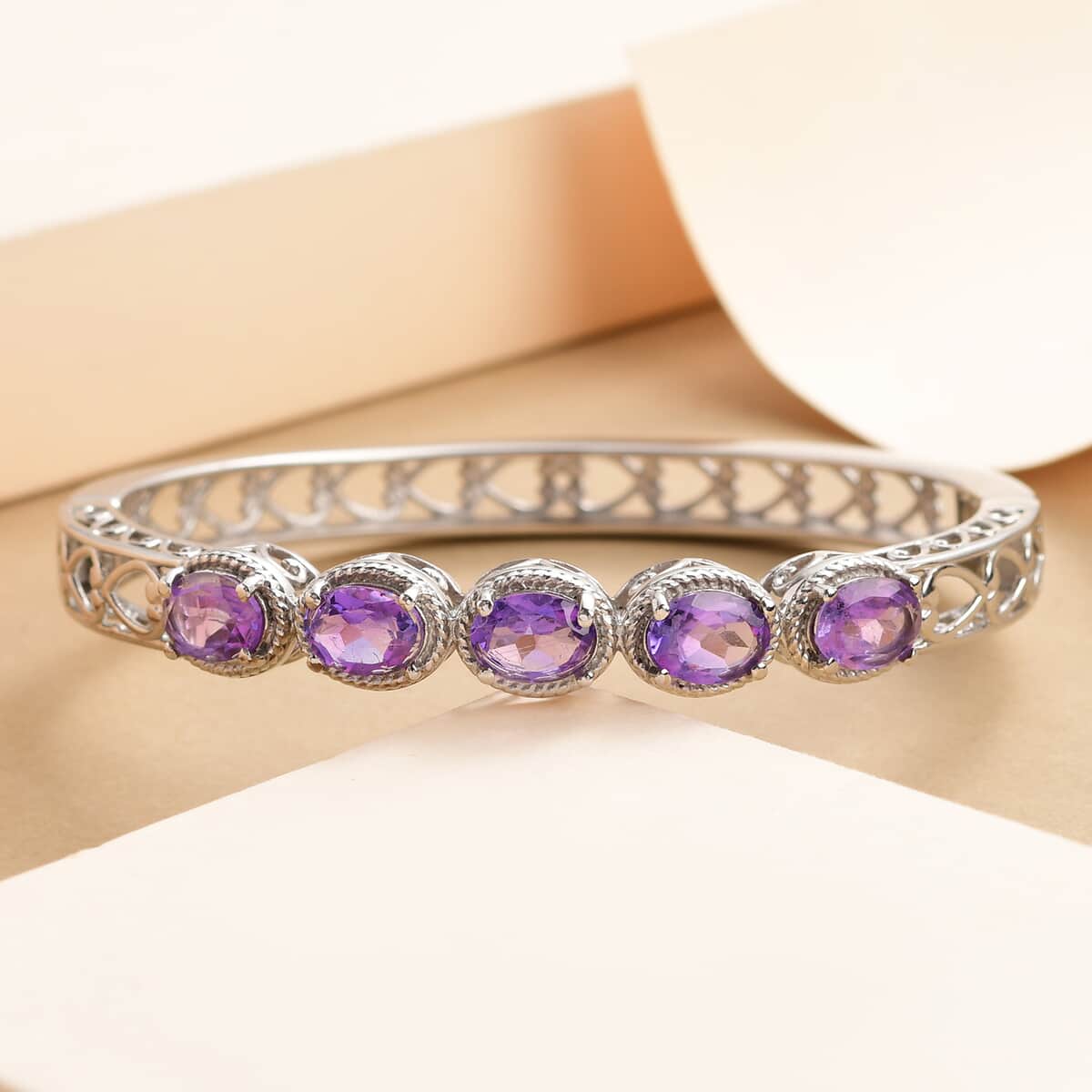 Amethyst Bangle Bracelet in Stainless Steel (8.00 In) 5.40 ctw | Tarnish-Free, Waterproof, Sweat Proof Jewelry image number 1