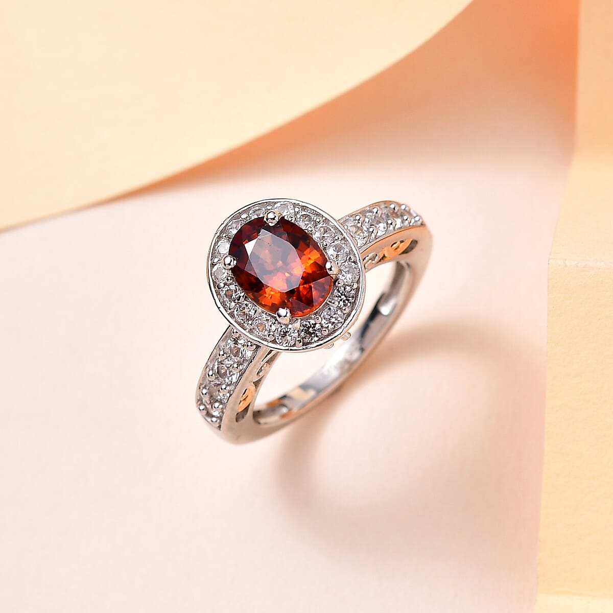 Red Zircon and White Zircon Halo Ring in Vermeil YG and Platinum Over Sterling Silver 2.65 ctw image number 1