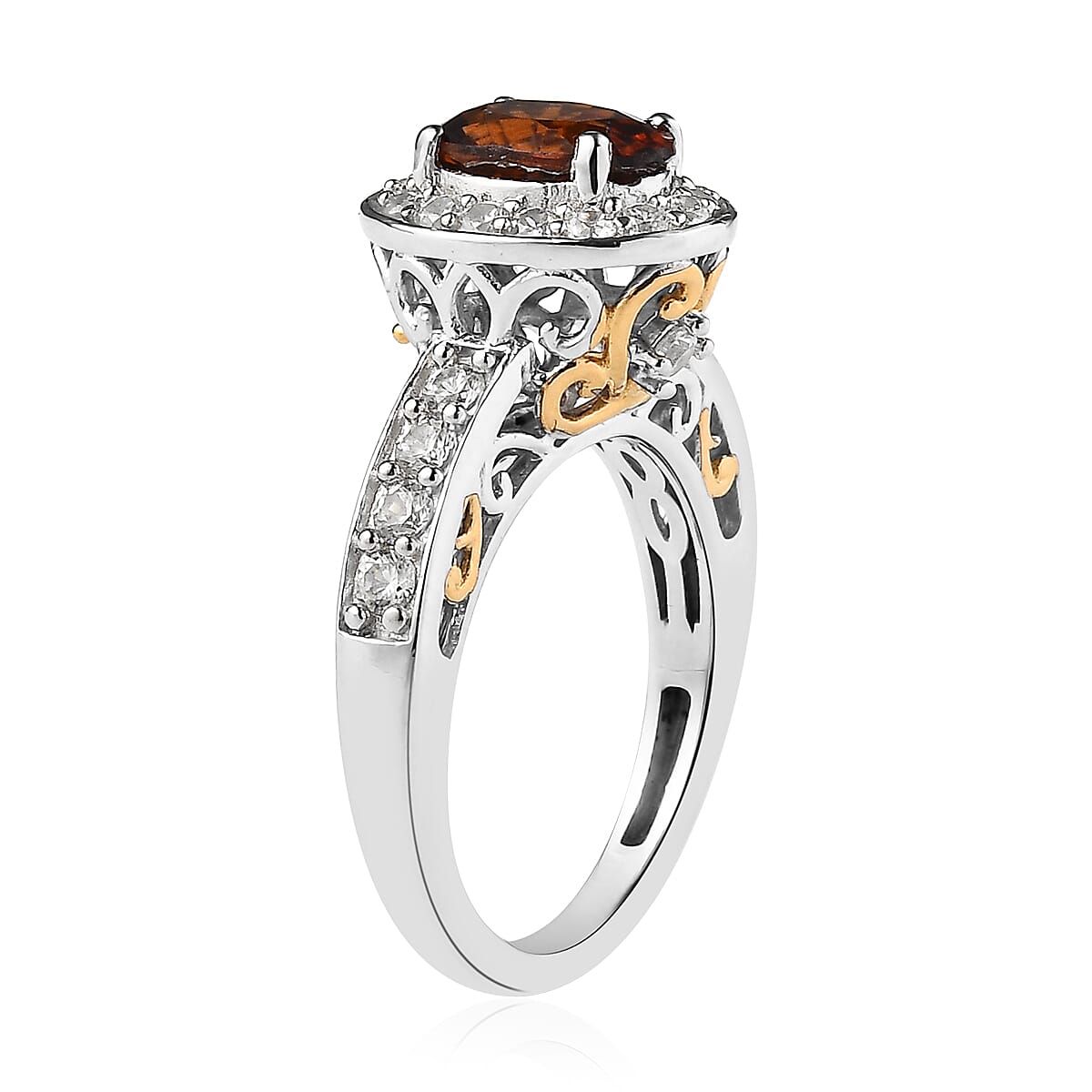 Red Zircon and White Zircon Halo Ring in Vermeil YG and Platinum Over Sterling Silver (Size 10.0) 2.65 ctw