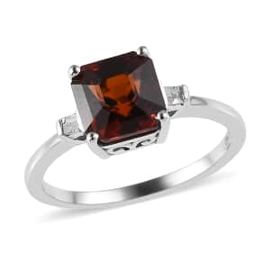 Asscher Cut Red Zircon and Diamond Ring in Platinum Over Sterling Silver (Size 6.0) 2.80 ctw