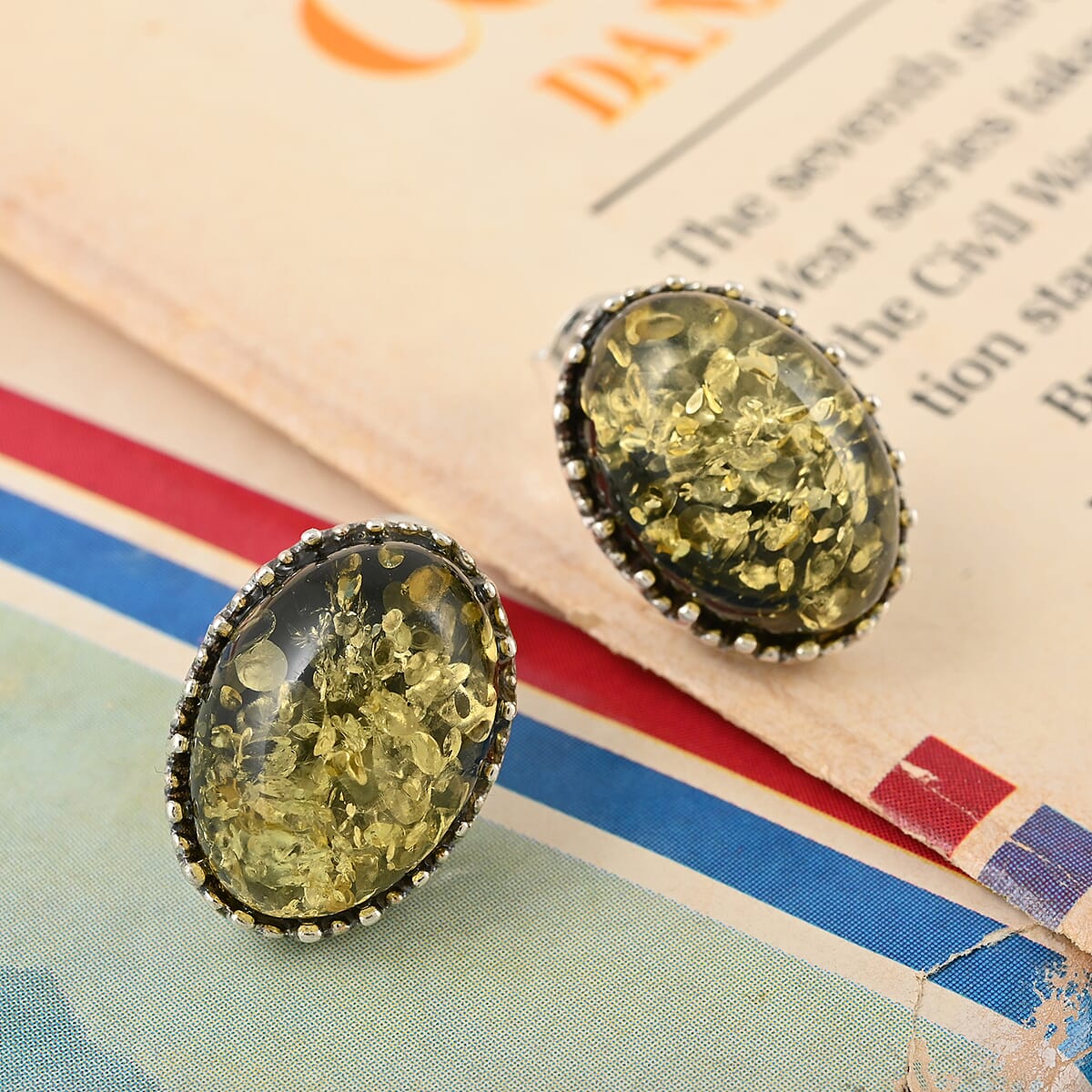 Green Amber Earrings in Sterling Silver image number 1