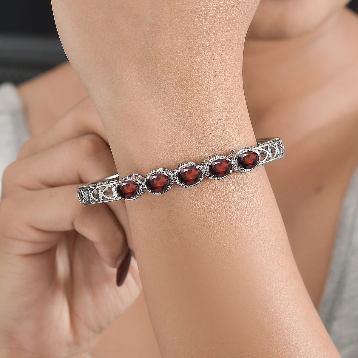 Mozambique Garnet Bangle Bracelet in Stainless Steel (6.50 In) 7.65 ctw | Tarnish-Free, Waterproof, Sweat Proof Jewelry image number 2