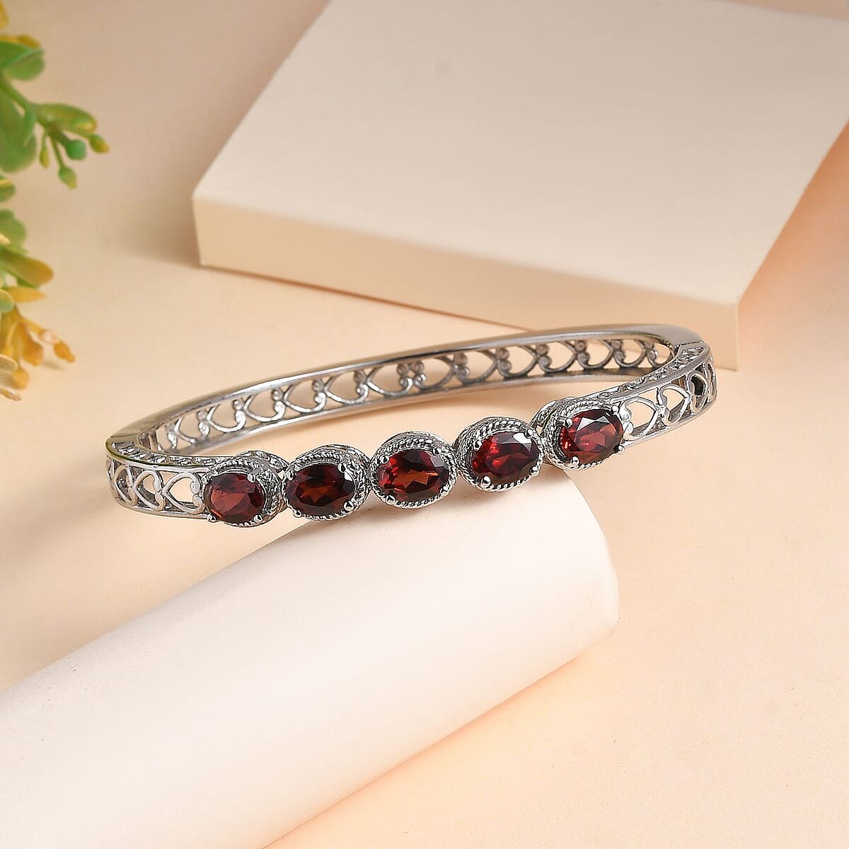 Mozambique Garnet Bangle Bracelet in Stainless Steel (7.25 In) 7.65 ctw , Tarnish-Free, Waterproof, Sweat Proof Jewelry image number 1