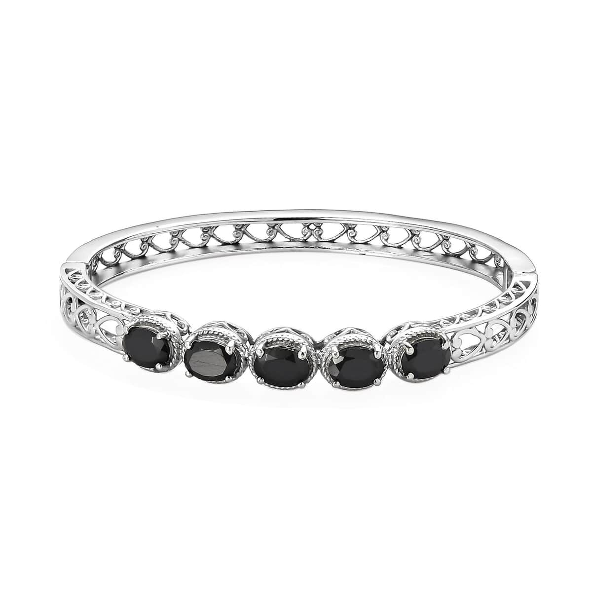 Thai Black Spinel Bangle Bracelet in Stainless Steel (7.25 In) 7.90 ctw , Tarnish-Free, Waterproof, Sweat Proof Jewelry image number 0