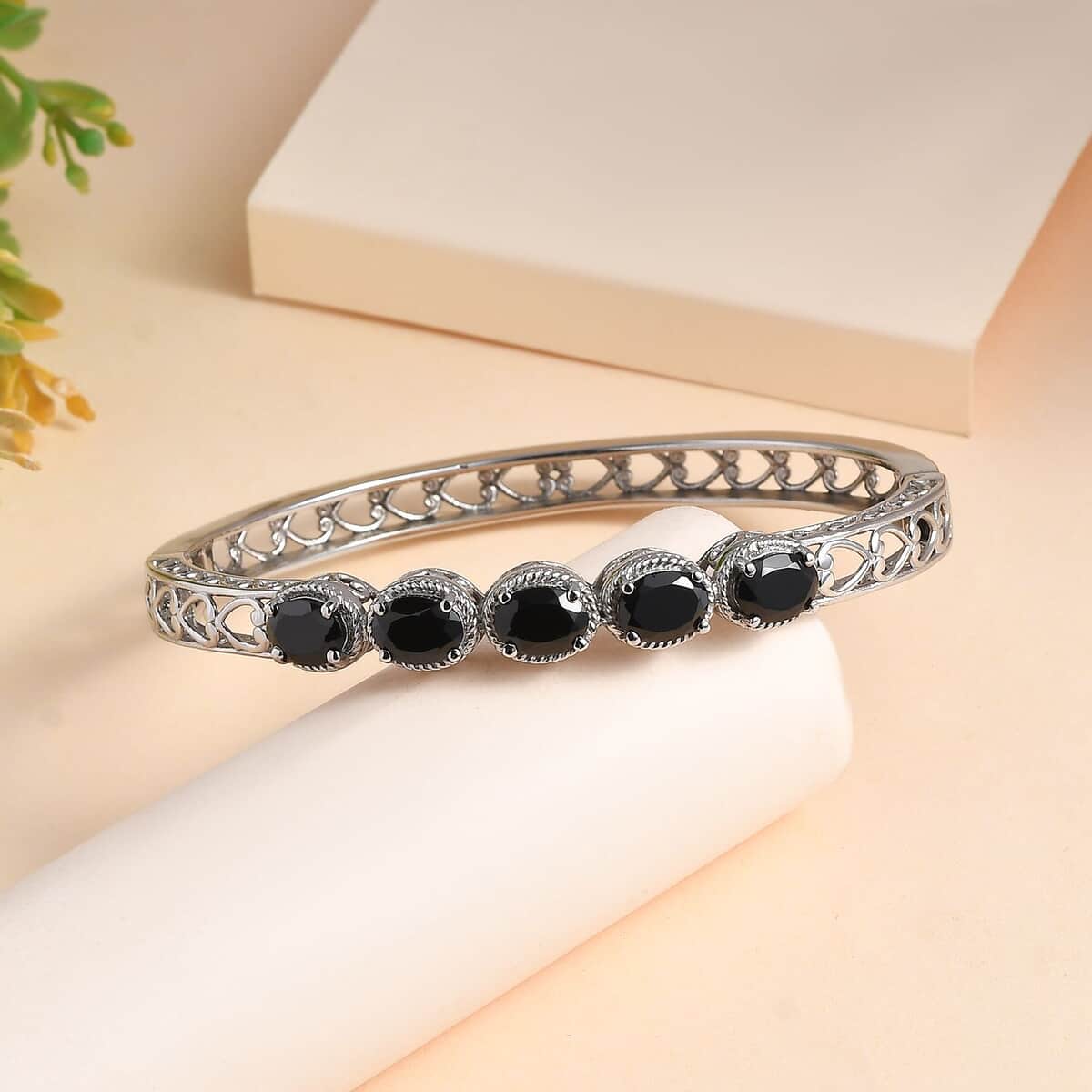 Thai Black Spinel Bangle Bracelet in Stainless Steel (7.25 In) 7.90 ctw , Tarnish-Free, Waterproof, Sweat Proof Jewelry image number 1