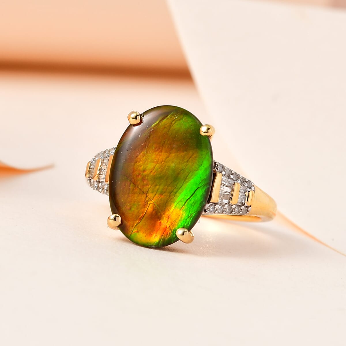 Premium Canadian Ammolite and Diamond Ring in Vermeil Yellow Gold Over Sterling Silver 0.15 ctw image number 1