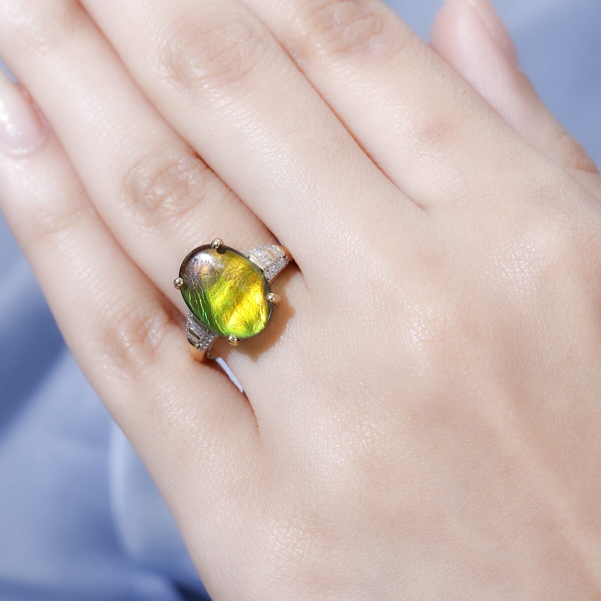 Premium Canadian Ammolite and Diamond Ring in Vermeil Yellow Gold Over Sterling Silver 0.15 ctw image number 2