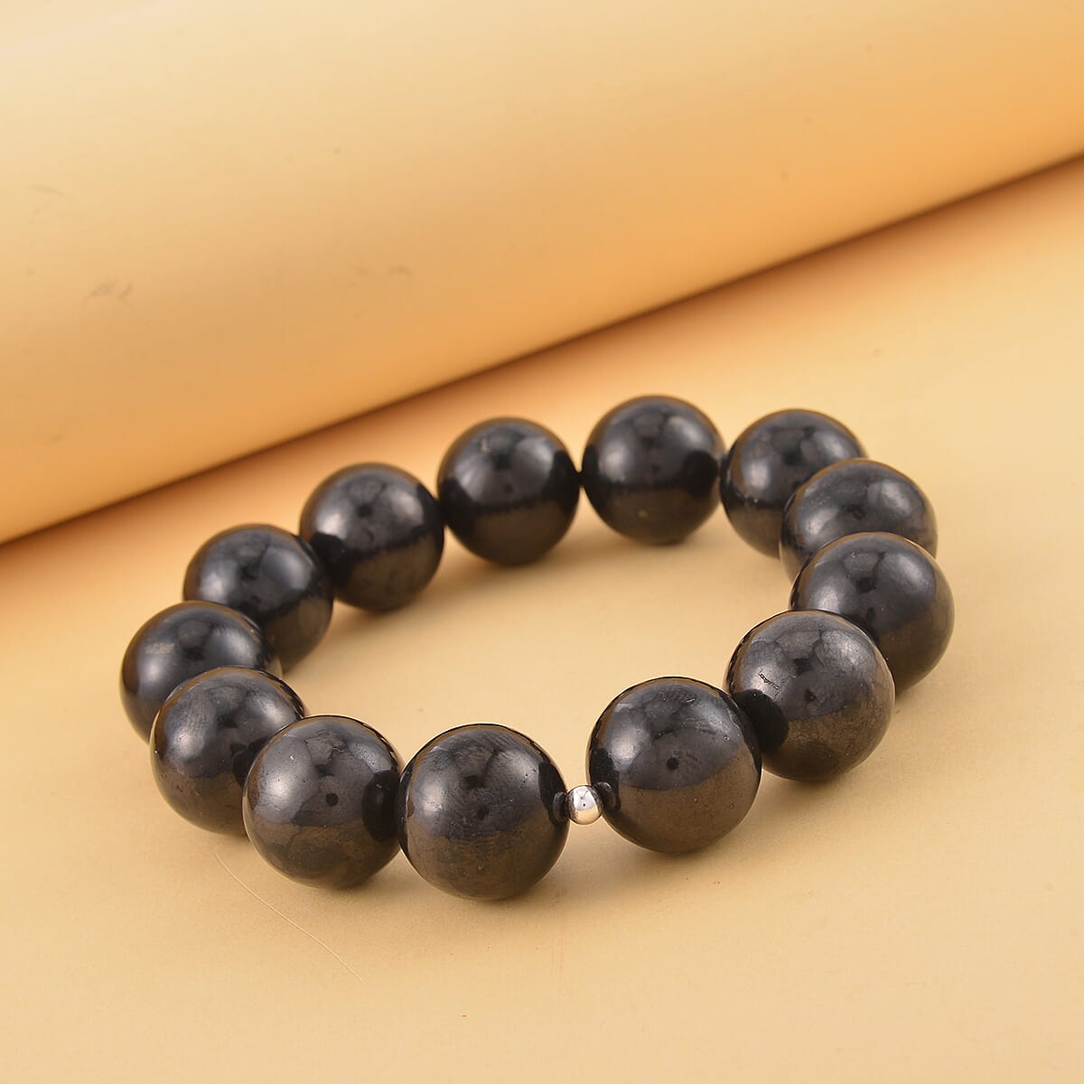 Shungite 15-17mm Beaded Stretch Bracelet n Rhodium Over Sterling Silver 367.00 ctw image number 1