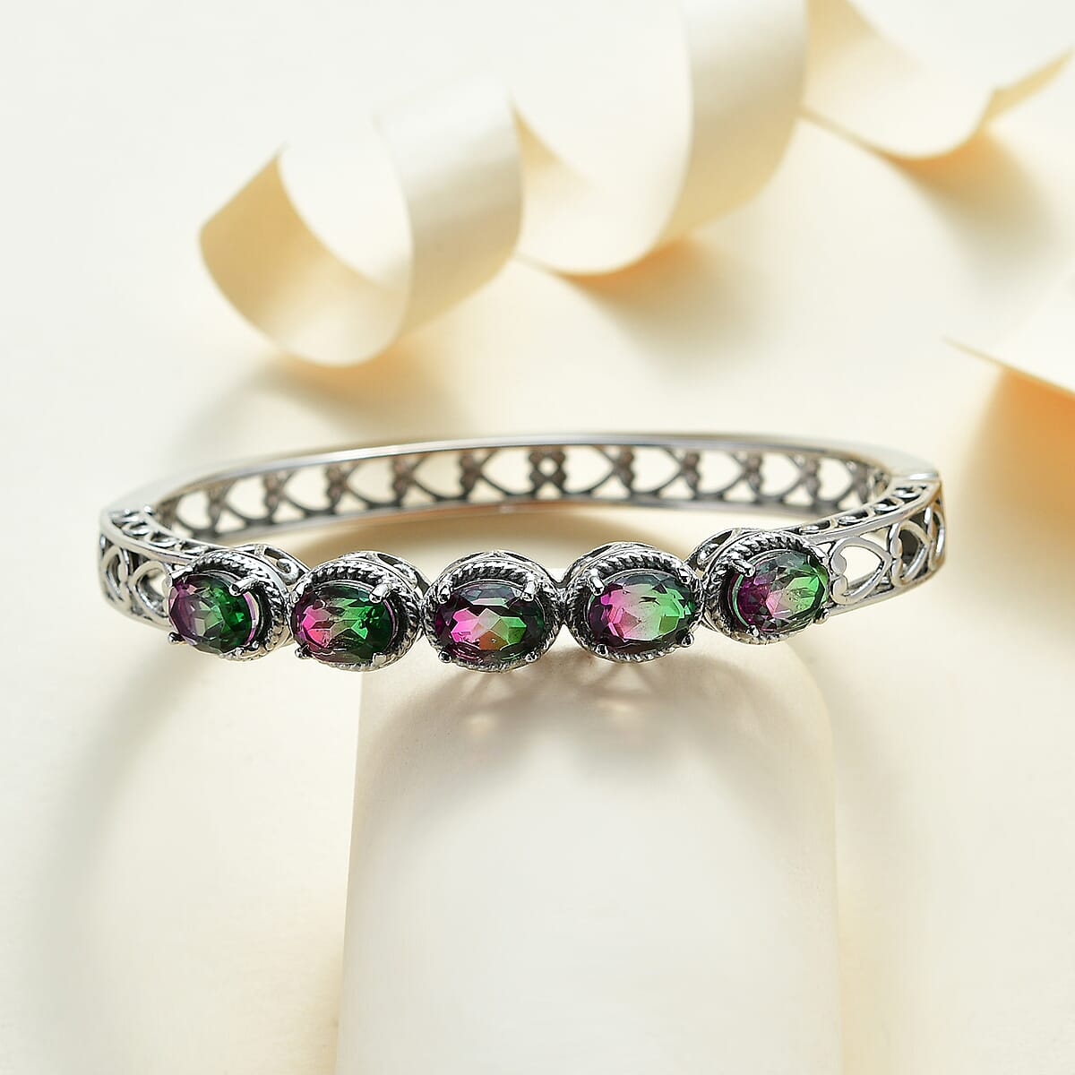 Watermelon Quartz (Triplet) Bangle Bracelet in Stainless Steel (8.00 In) 7.30 ctw image number 1