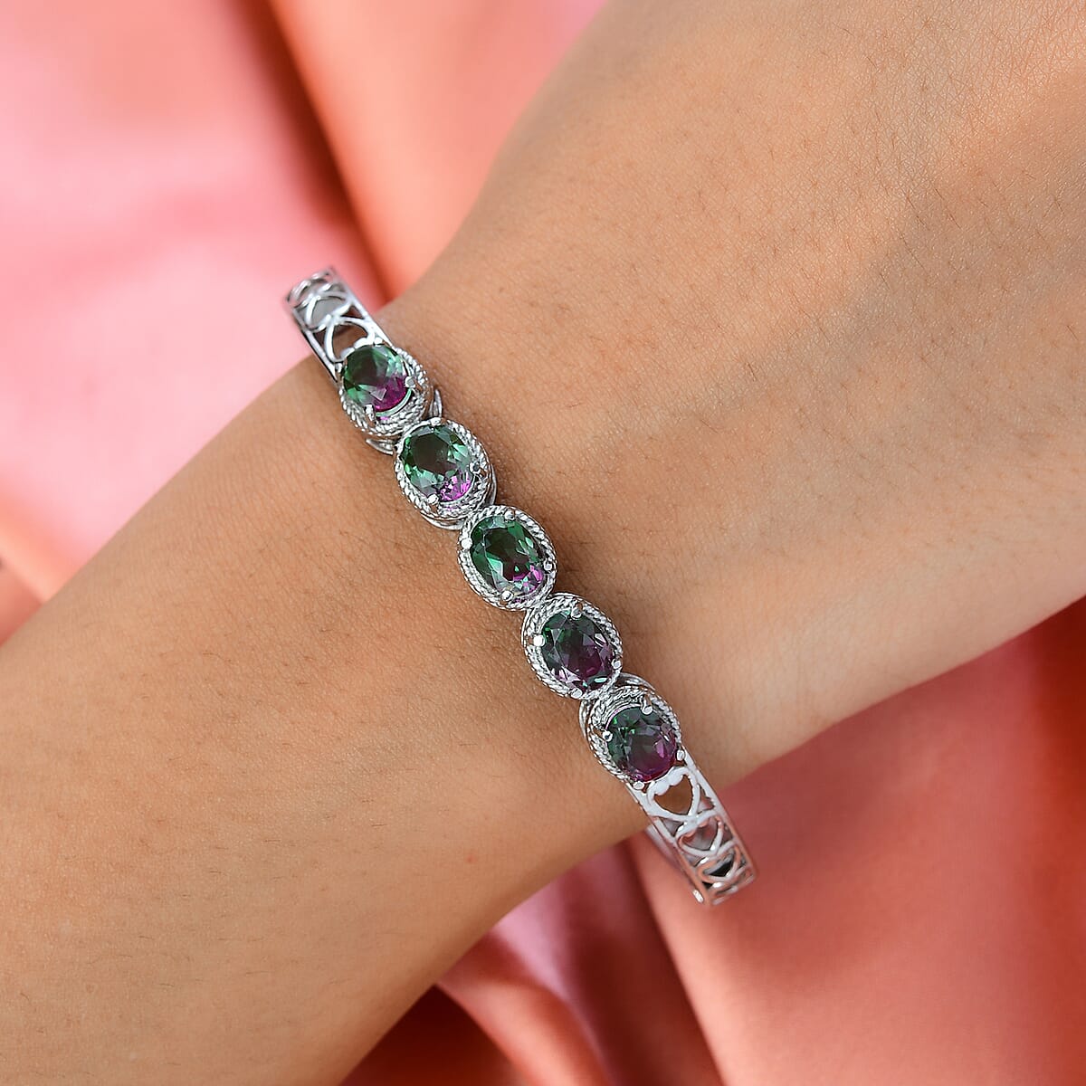 Watermelon Quartz (Triplet) Bangle Bracelet in Stainless Steel (8.00 In) 7.30 ctw image number 2