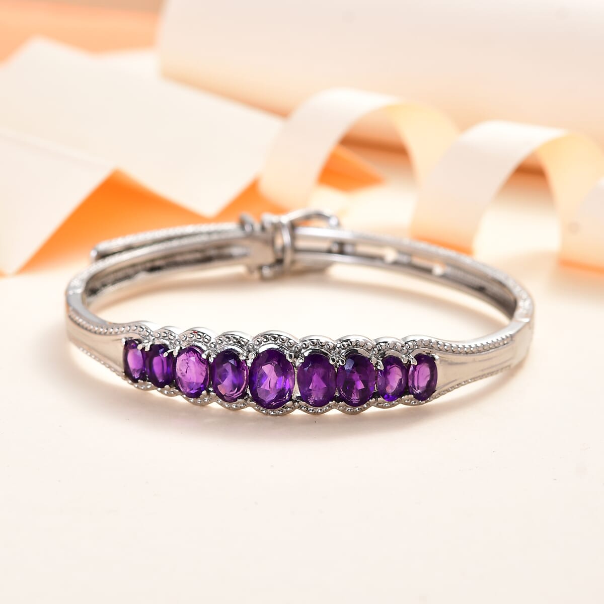 African Amethyst Bangle Bracelet With Adjustable Lock in Stainless Steel (7.25 In) 6.50 ctw image number 1