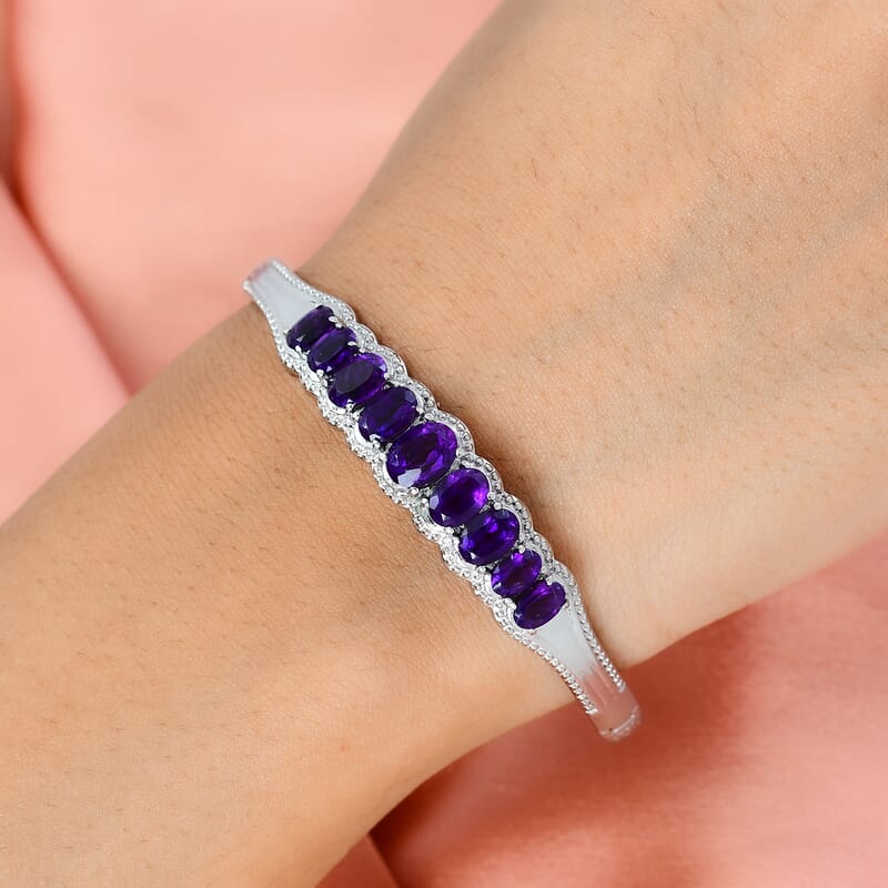 African Amethyst Bangle Bracelet With Adjustable Lock in Stainless Steel (7.25 In) 6.50 ctw