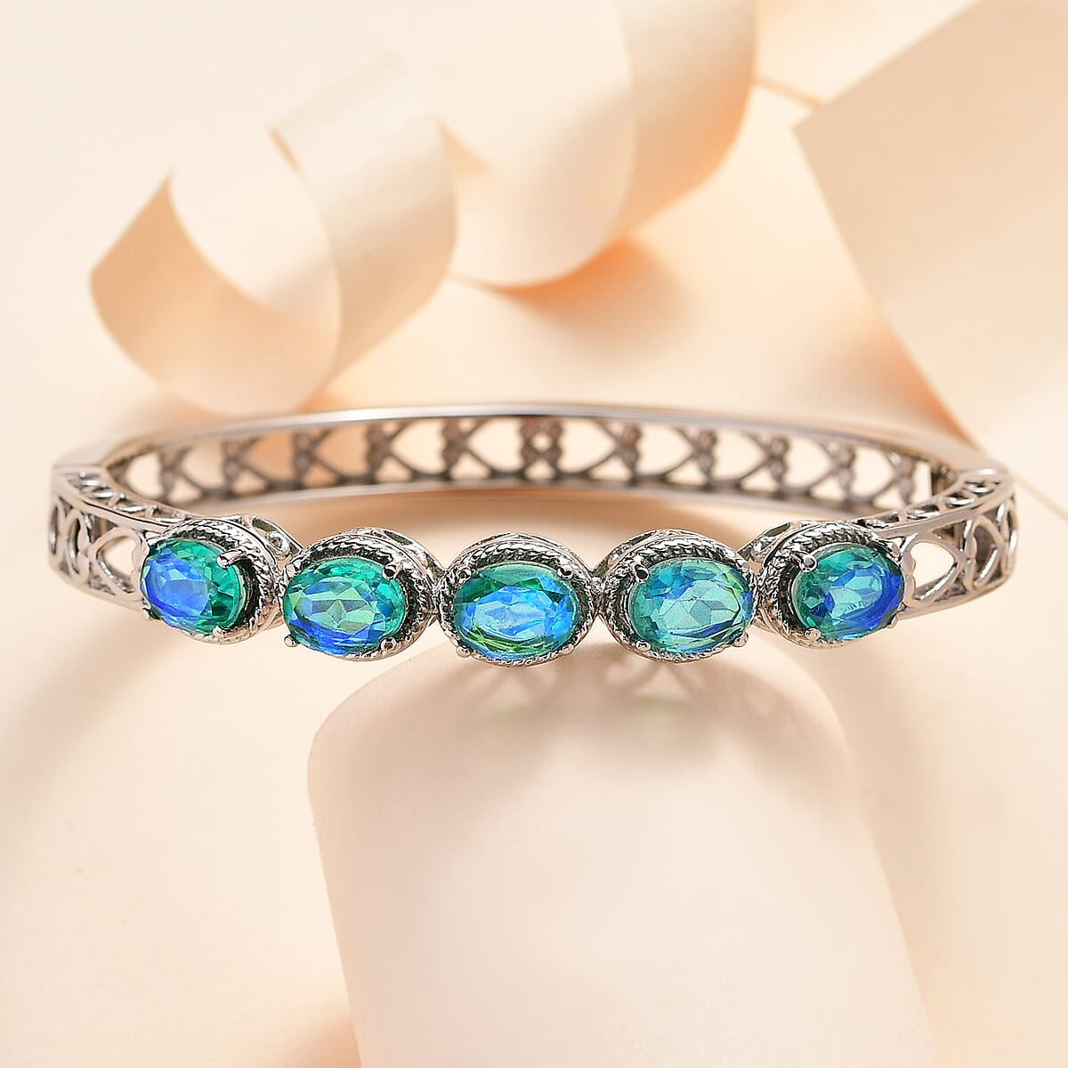 Peacock Quartz (Triplet) Bangle Bracelet in Stainless Steel (8.00 In) 7.25 ctw image number 1