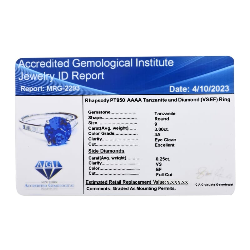 Certified & Appraised Rhapsody 950 Platinum AAAA Tanzanite and E-F VS Diamond Ring (Size 10.0) 5.25 Grams 3.25 ctw (Del. in 7-10 Days)